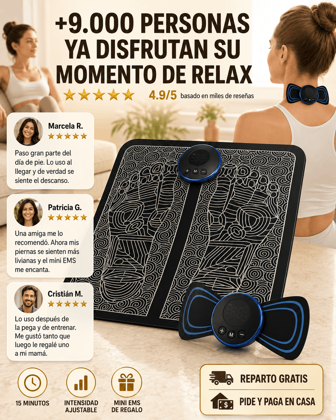 Relaja pies, cuello y espalda con masaje EMS cómodo y ajustable.