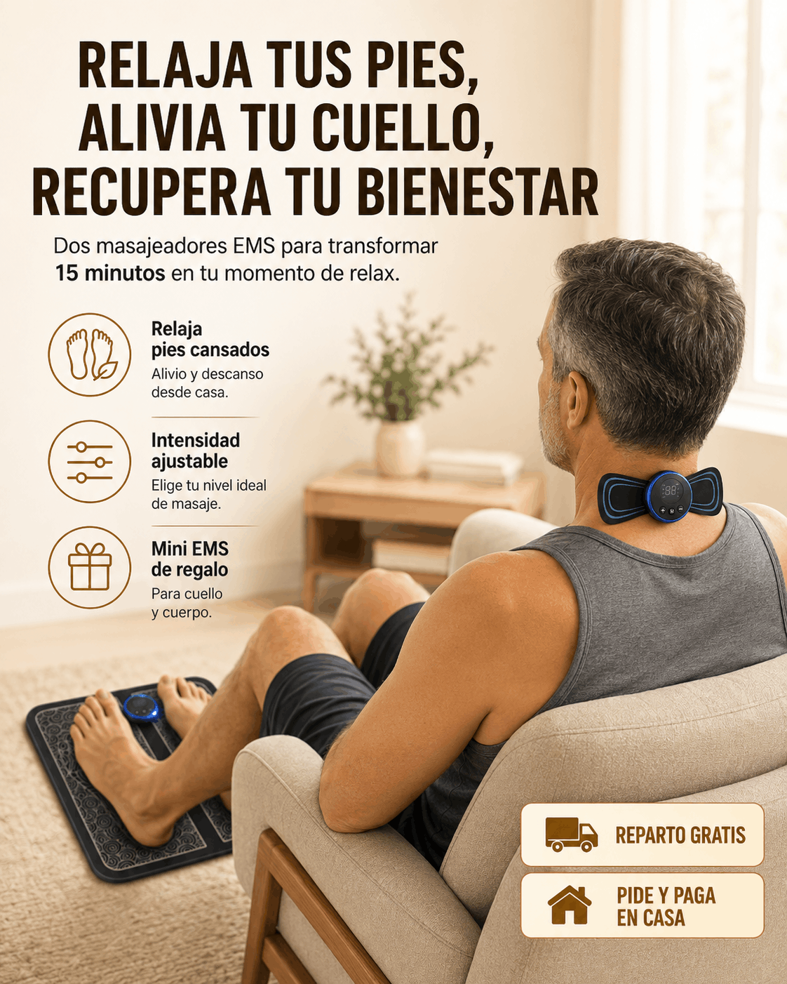 Relaja pies, cuello y espalda con masaje EMS cómodo y ajustable.