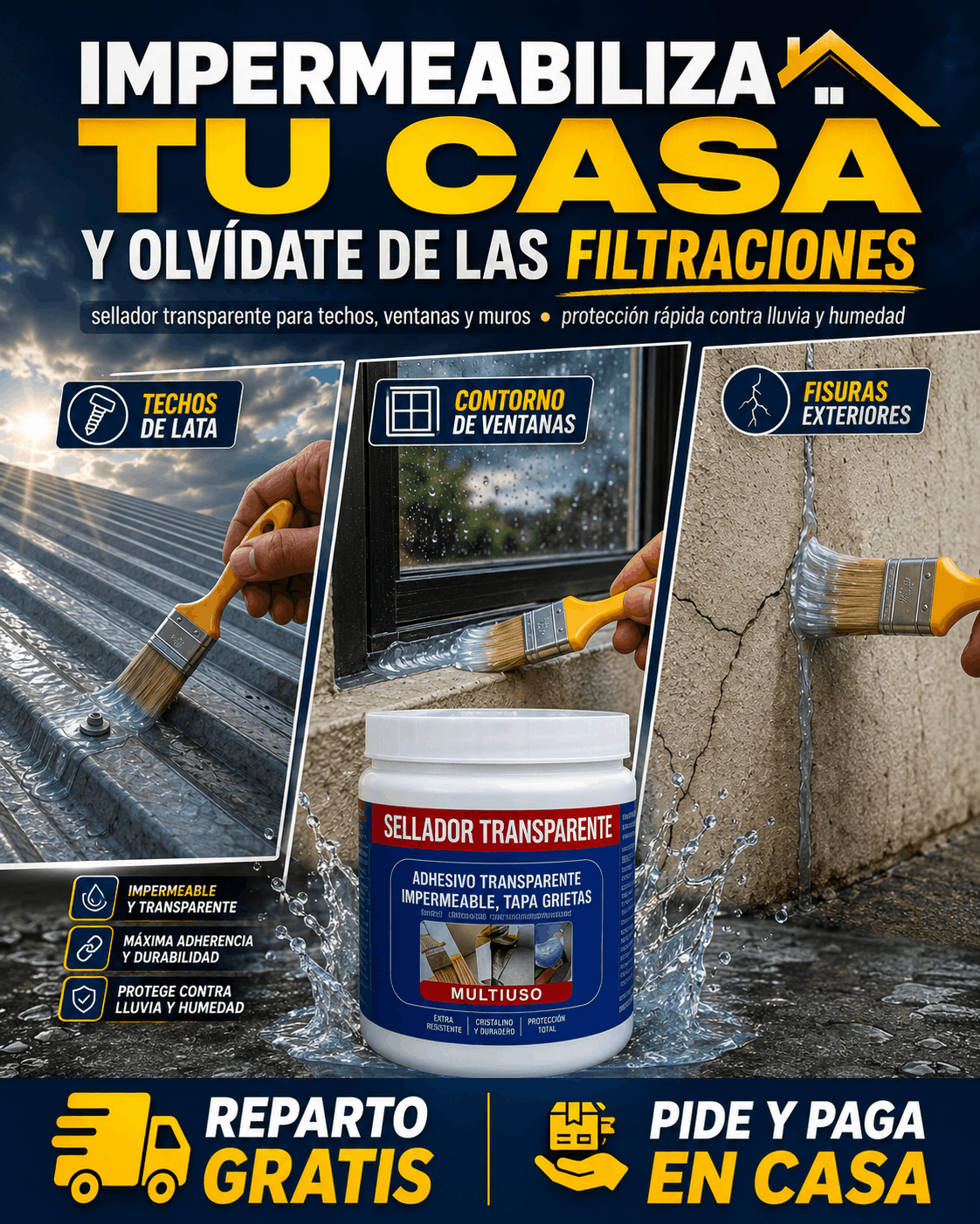 Sellador de Superficies transparente, impermeabiliza tu casa, techo, muros y ventanas. Tu casa seca por dentro.